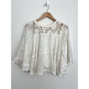 Champagne & Strawberry Floral Blouse Boho Sheer Flowy Lace Top Bell Sleeves L